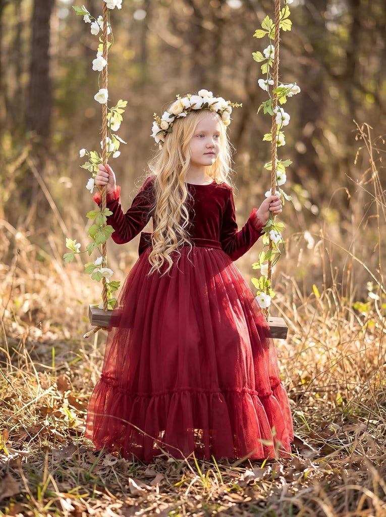 Velvet Fall Winter Dress Backless Flower Girl Dress Formal Wedding Party Prom Christmas Maxi Gown