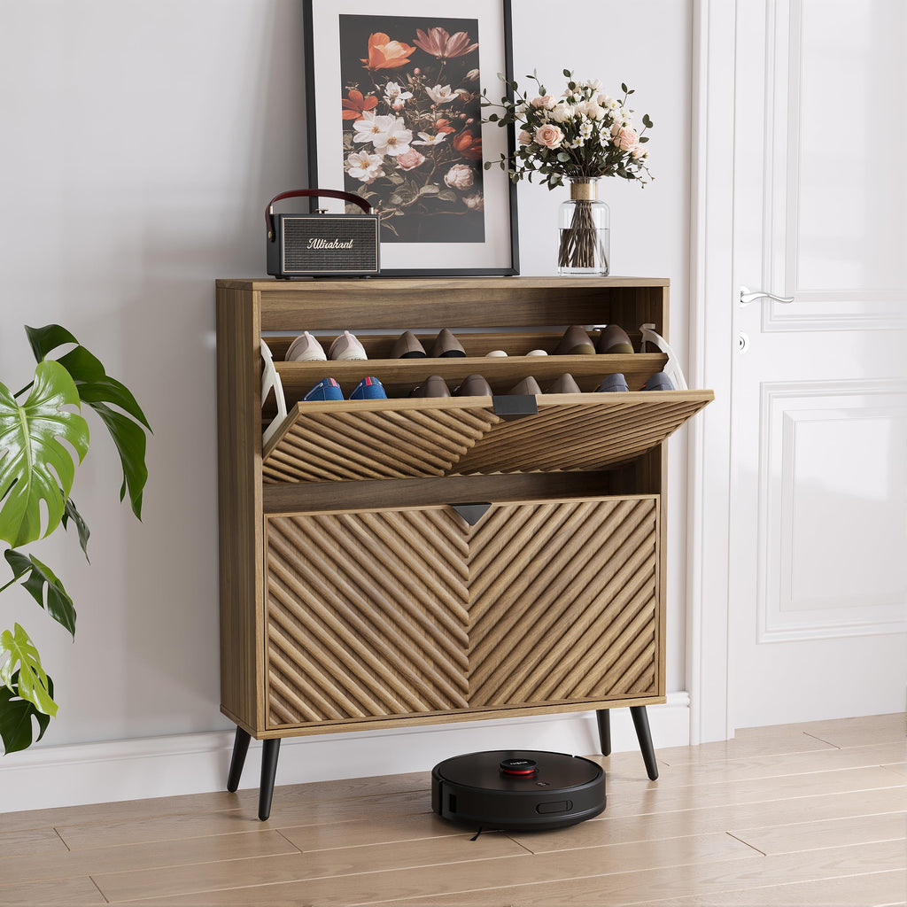 Walnut Shoe Cabinet with 2 Flip Drawers, 31.5" Hidden Shoe Storage Cabinet with Fluted Diamond Doors, Freestanding