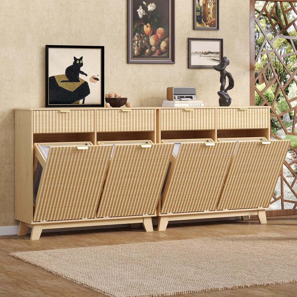 Double Tilt Out Laundry Hamper Cabinet with 2 Drawers & Baskets, 20 Gallon Fluted Hidden Trash Can Cabinet, Farmhouse