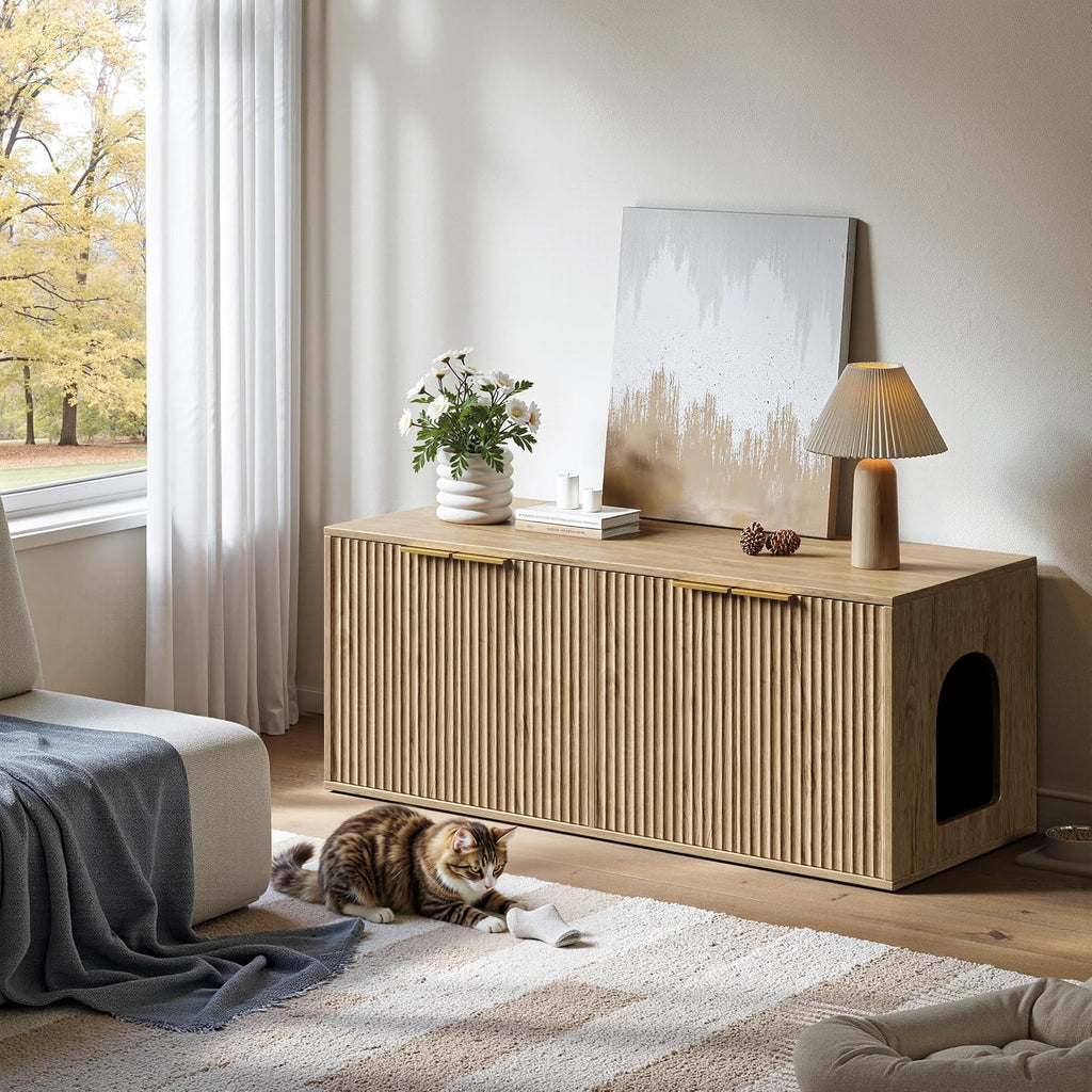 47.2" Oak Litter Box Enclosure Furniture for 2 Cats