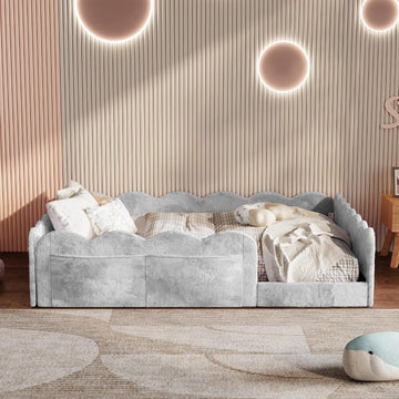 Upholstered Floor Bed with Guardrail, Montessori Kids Bed Frame with Round Fence, Light Gray