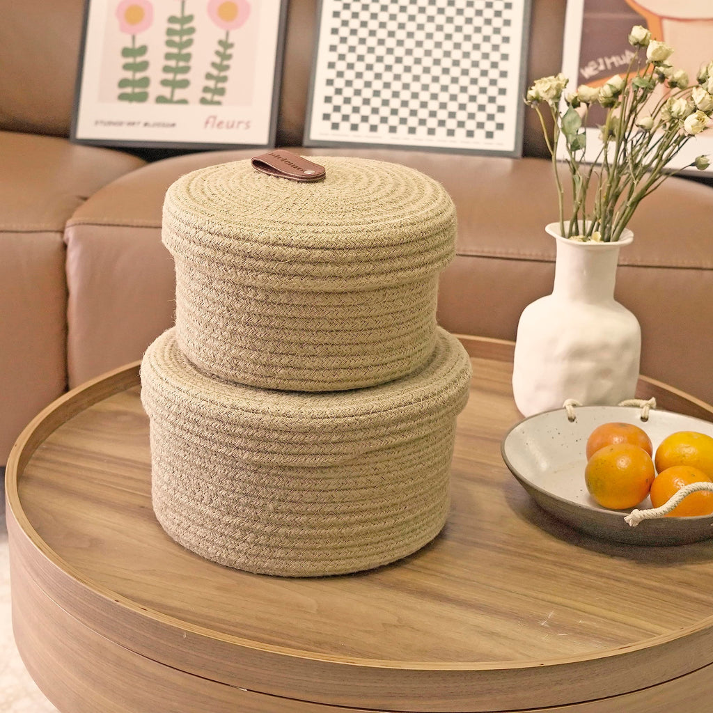 Set of 2 Round Jute Rope Storage Baskets with Lids -Leather Handles- Decorative Woven Organizer Bin, Small Basket