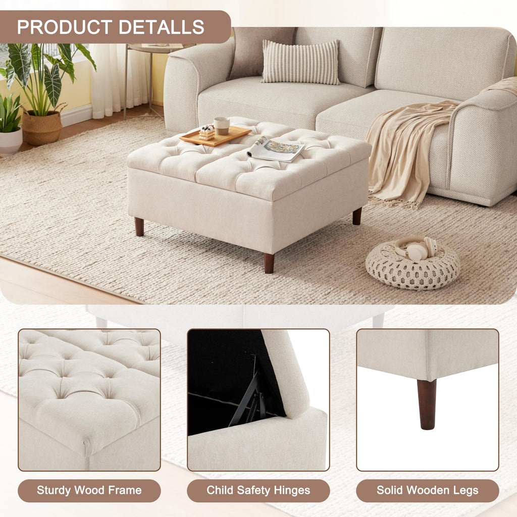 35" Large Storage Ottoman Coffee Table, Square Ottoman, Beige