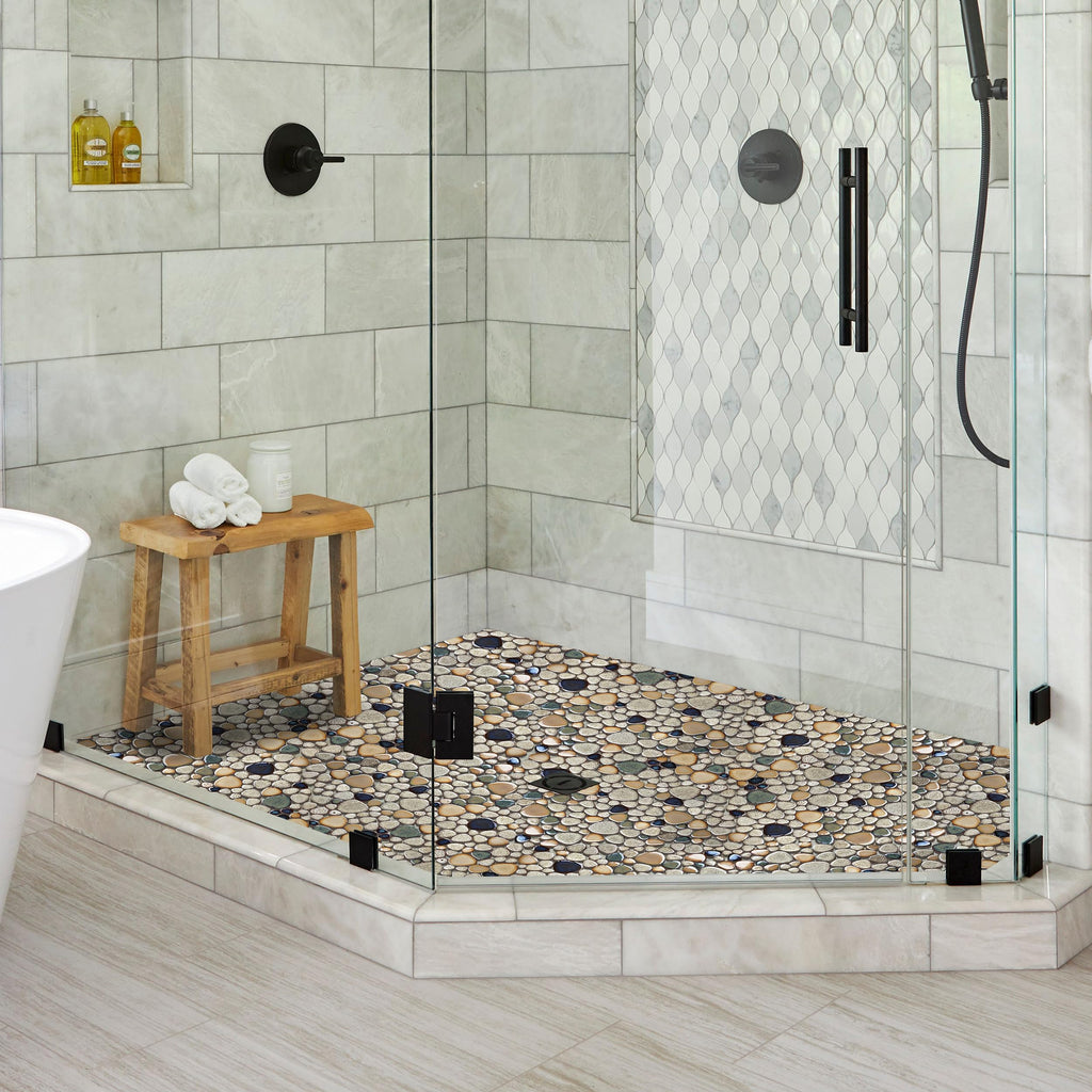Pebble Stone Mosaic Tiles 5 Sheets, Beige Tan Brown Ceramic Mosaic Sheets Mesh Mounted 12x12, Glazed Porcelain Tile