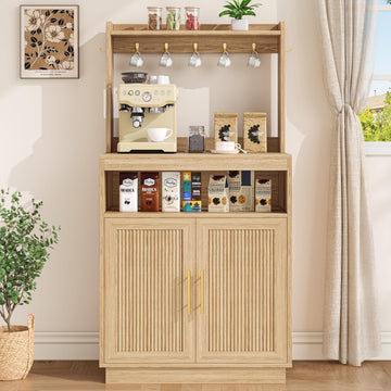 Fluted Coffee Bar Cabinet, Buffet Coffee Station with Hutch