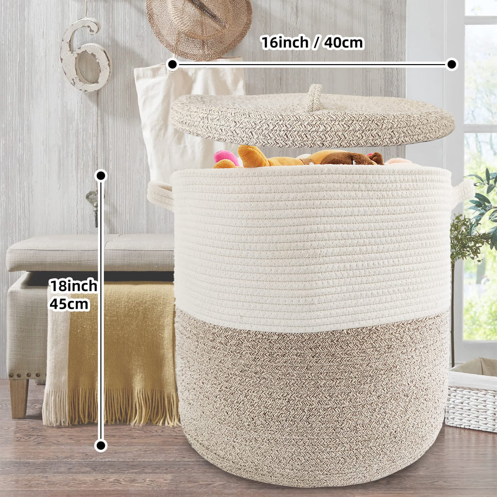 Large Storage Basket with Lid 60L, 16"Wx18"H Woven Laundry Hamper Basket with Handle, Room Decor Cotton Rope Wicker