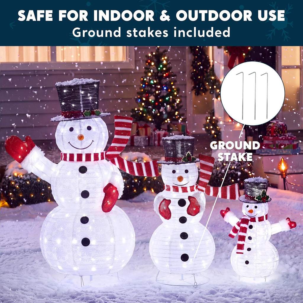 3 Pcs 3D Christmas Collapsible Snowman Yard Light 270 Pre-Lit LED Cool White Lights for Indoor Outdoor Garden Holiday