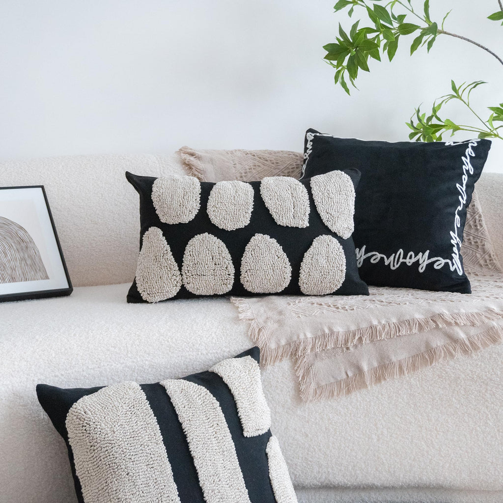 Black White Boho Chunky Tufted Pillow Cover, Neutral Decorative Oblong Throw Pillow Case, Geometric Woven Modern Sham