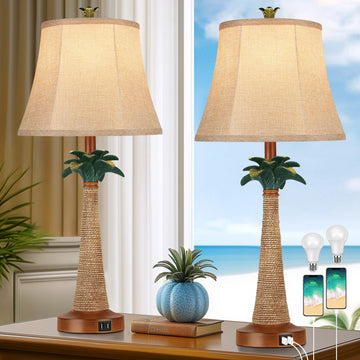 Set of 2 Coastal Palm Tree Table Lamps with 2 USB Ports Beach Nautical Bedside Lamps Tropical Nightstand Lamps Decor