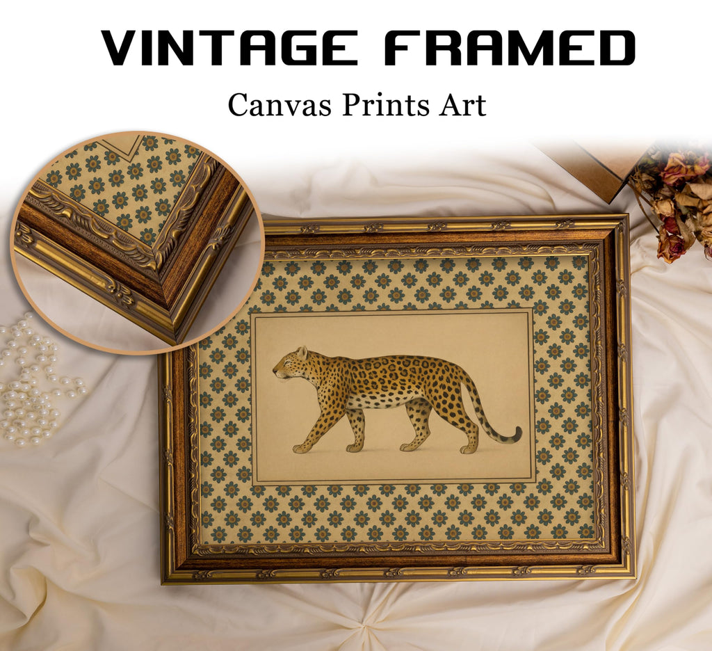 Vintage Gold Framed Leopard Wall Art, Antique Botanical Animal Canvas Print, Floral Pattern Background Wall Decor