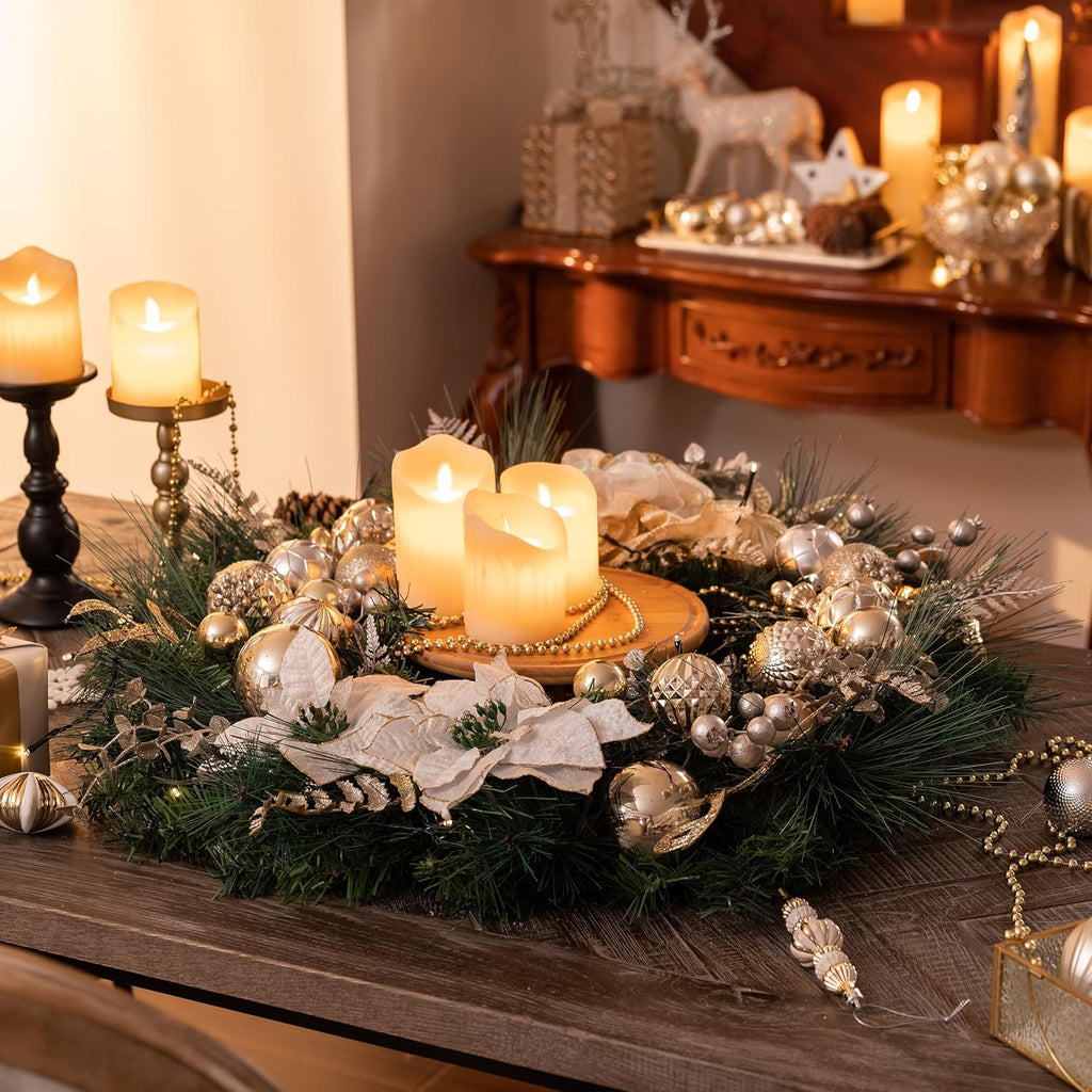 30'' Pre-Lit Christmas Wreath for Front Door with Light, Large Lighted Outdoor Christmas Wreath with White Gold Xmas