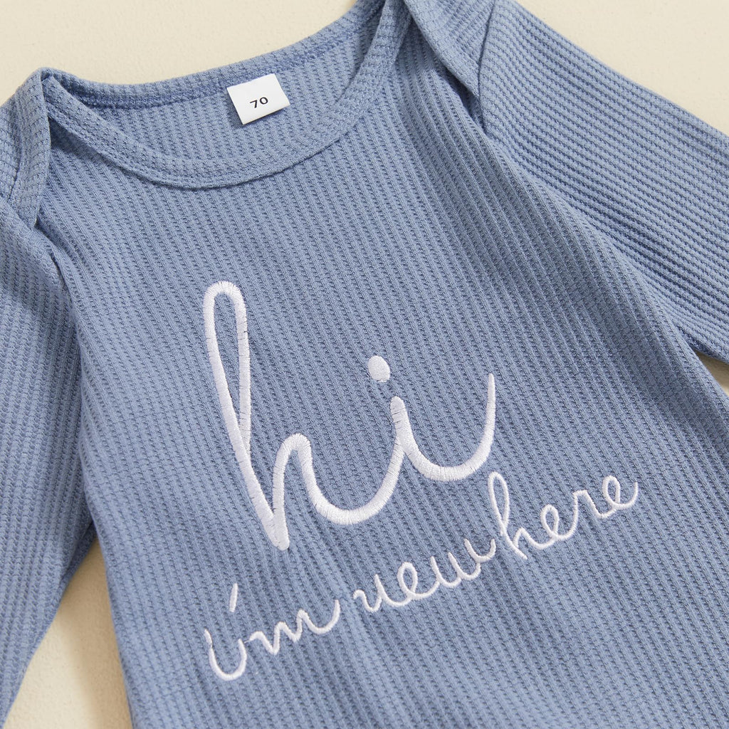 Im New Here Newborn Outfit Boy Long Sleeve Letter Romper Ribbed Knit Jumpsuit Baby Boy Preemie Coming Home Outfit (Hi