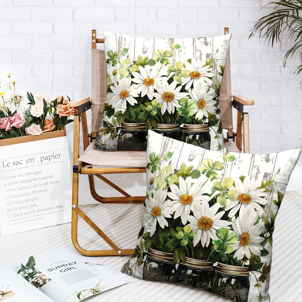 Daisy Flower Pillow Covers 16x16 Spring Vase Throw Pillow Covers Retro Wooden Style Pillow Case Spring Summer Cotton