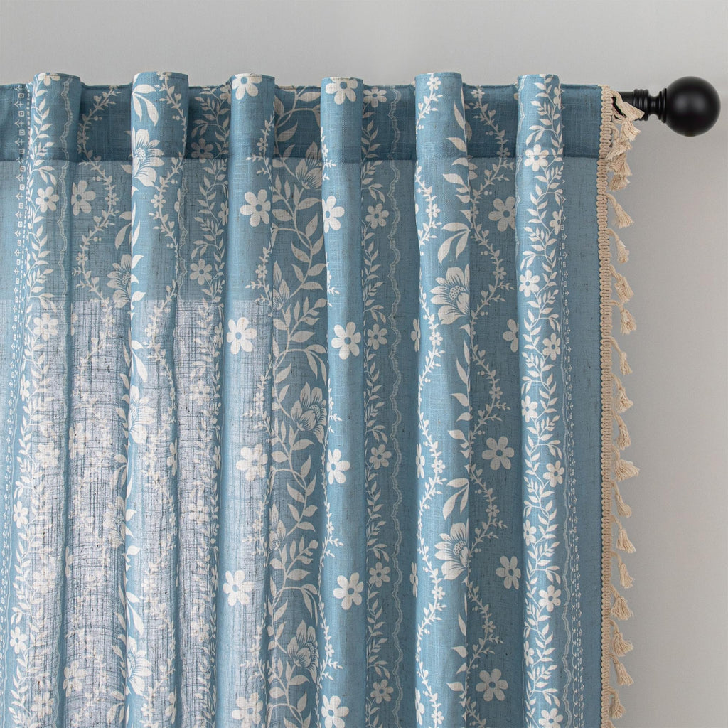 Dusty Blue Boho Floral Curtains 72 Inch Length Linen Blend