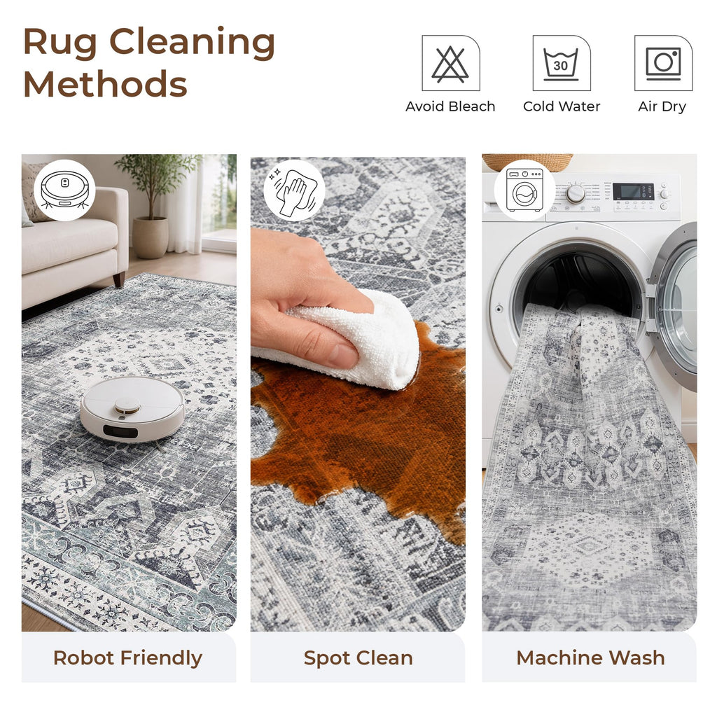 Washable Runner Rug - Extra Long Vintage Hallway Rugs with Non Slip Backing Soft Stain Resistant Carpet Bedroom