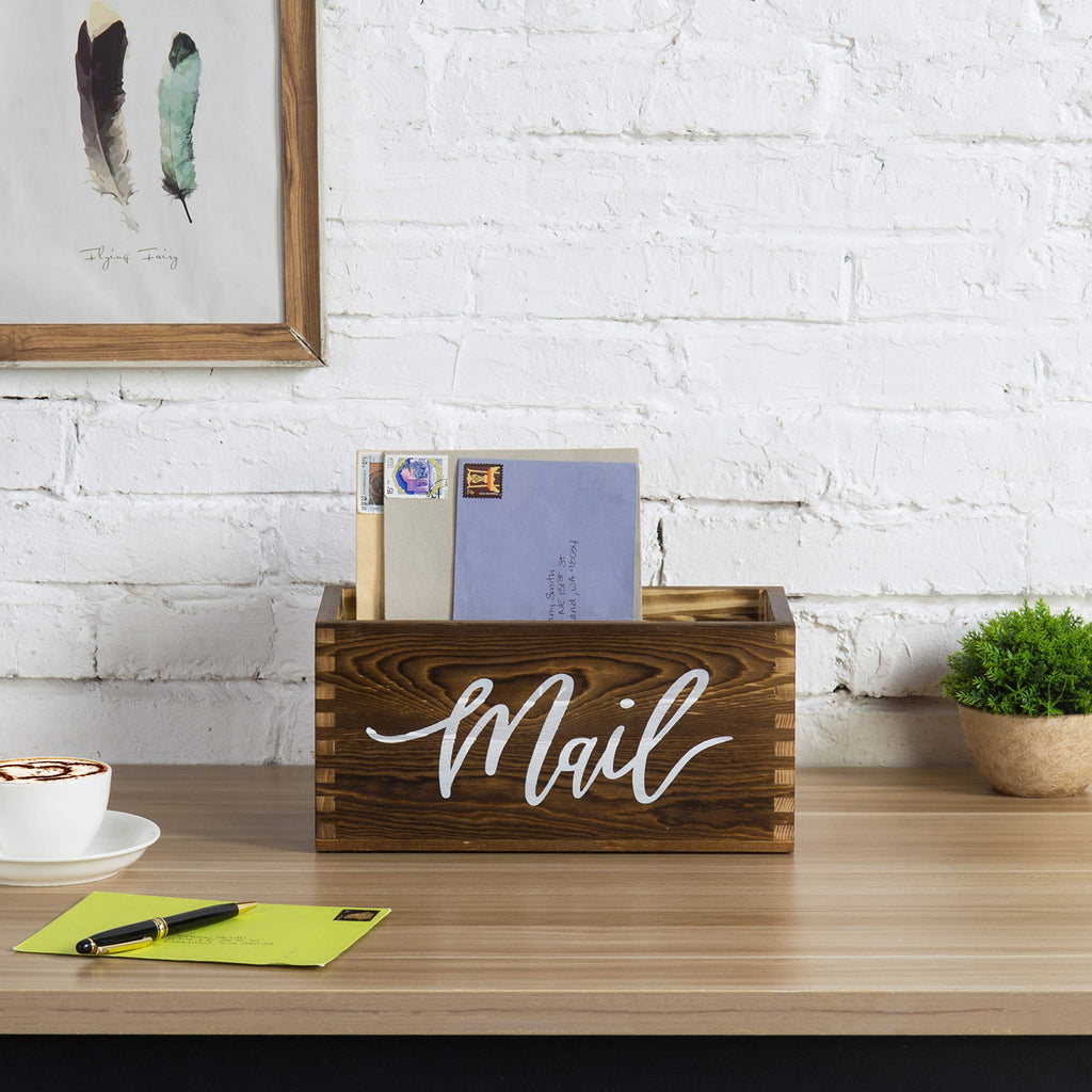 Rustic Brown Wood Mail Holder, Desktop Organizer with MAIL Design