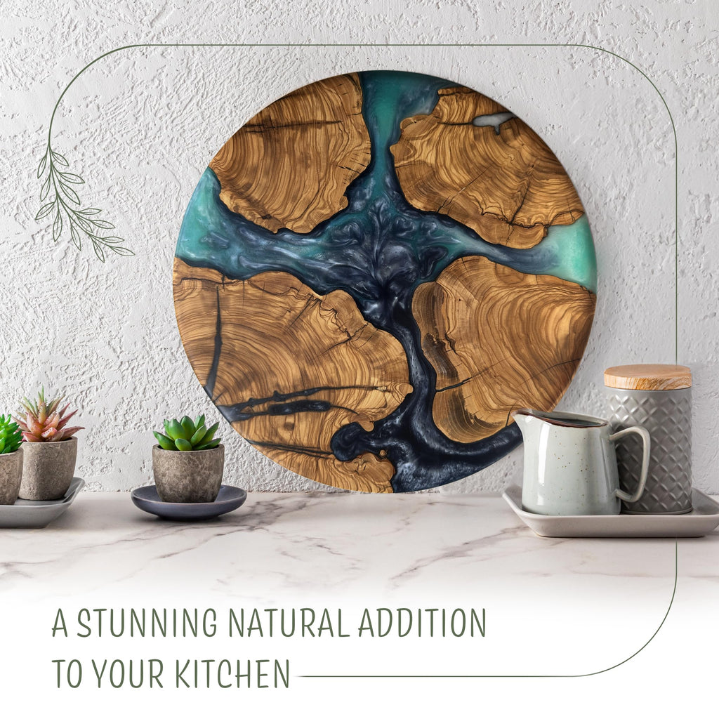 Handmade Olive Wood Round Resin Cheese & Charcuterie Board - Circular Decorative Epoxy Cutting Board with Unique Blue