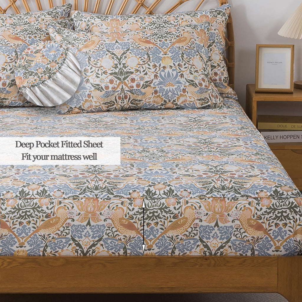 100% Cotton 4-Piece Floral Bed Sheet Set in Blue & Sage Green, Vintage Fall Botanical Bird Bedding