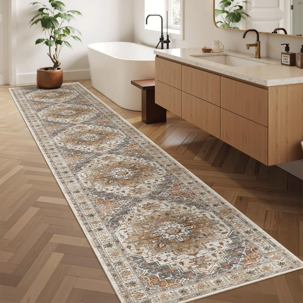 Washable Runner Rugs 2x12 Long Kitchen, Turmeric/Grey