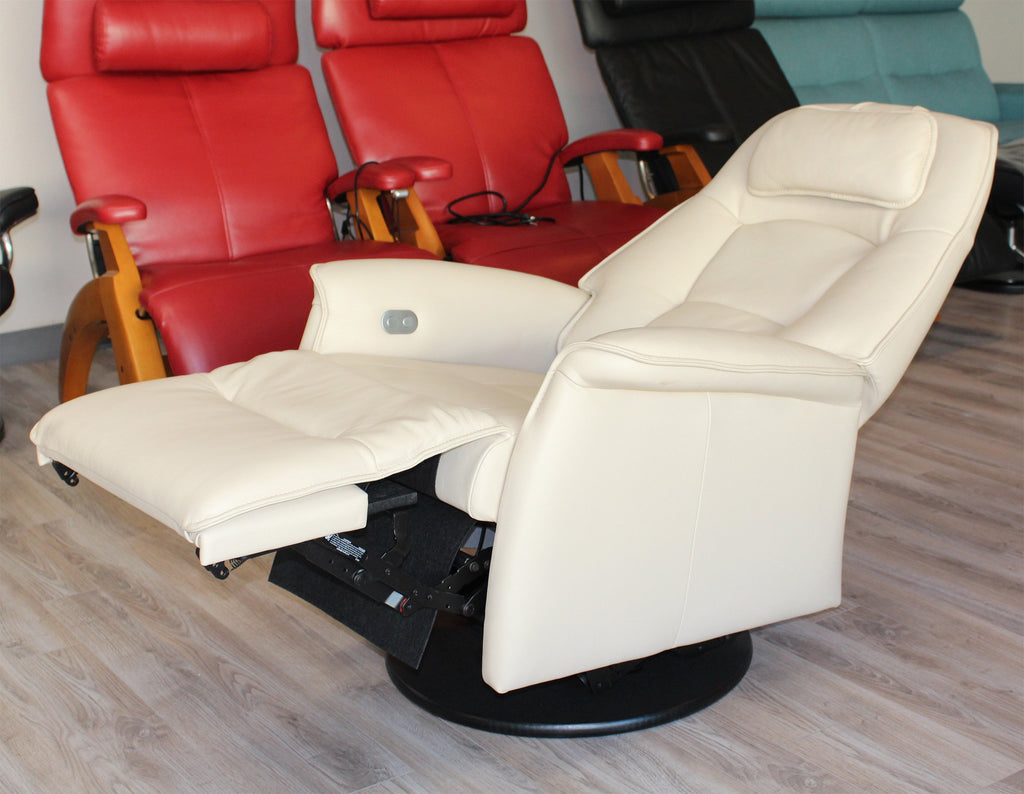 Small Power Recline Swivel Swing Relaxer Recliner Chair in Safari Astro Line Premium Leather