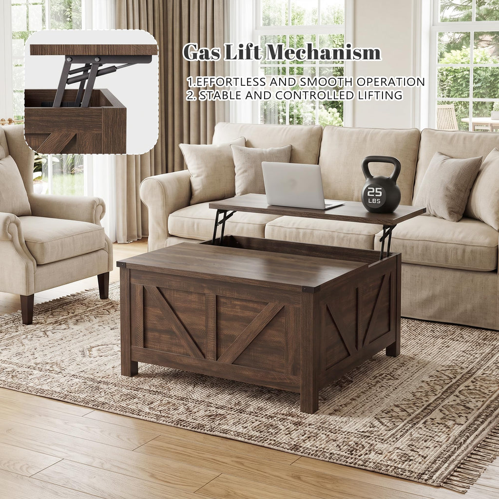35" Farmhouse Coffee Table, Rustic Center Table with Lift Top