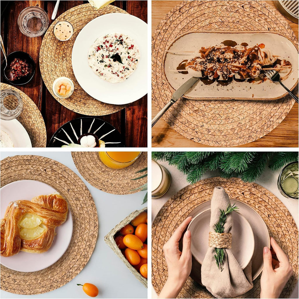 13.5" Woven Placemats, Round Rattan Placemats Set of 6, Natural Wicker Chargers for Dinner Plates, Heat Resistant