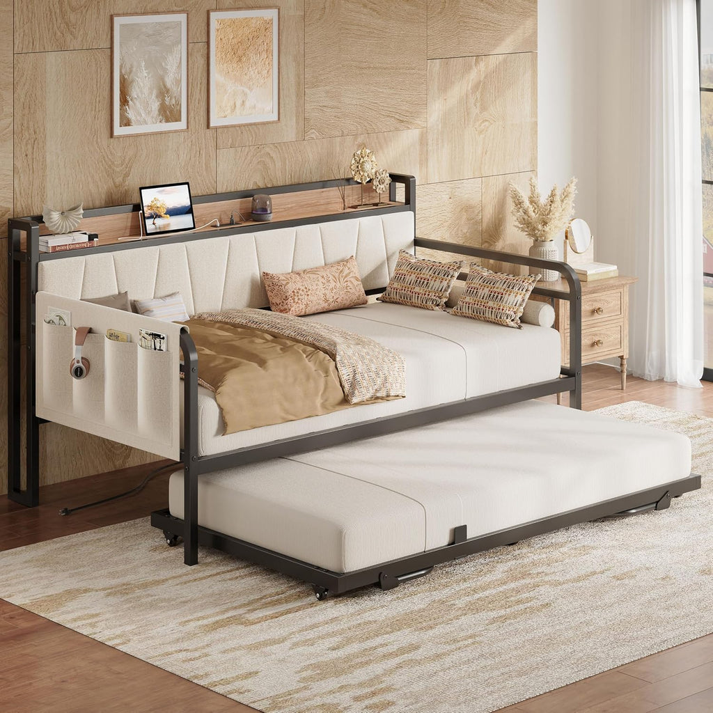 Twin XL Daybed, Day Bed Frame with Pop Up Trundle, Beige | Pop Up Trundle Bed with Smooth Wheels, Charging Station