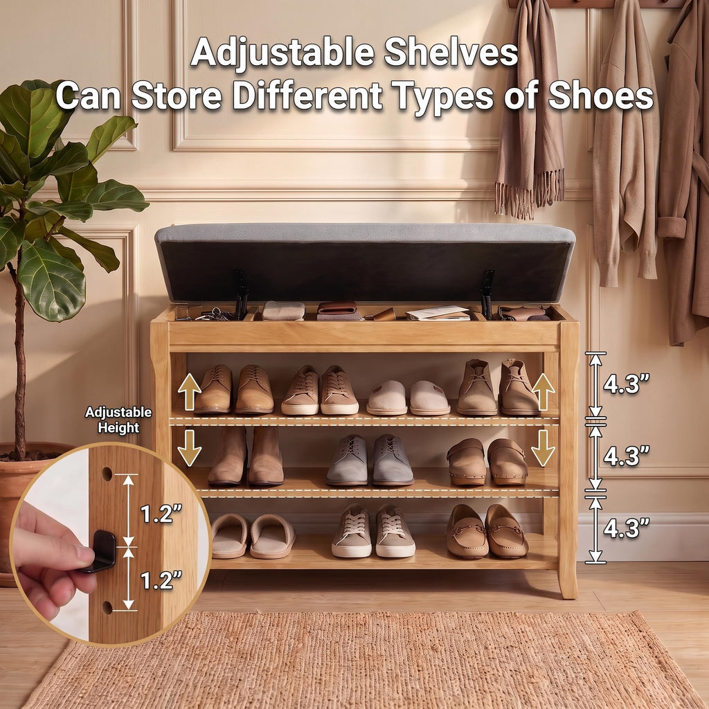 Solid Wood Shoe Bench, 39.4'' Shoe Rack Storage