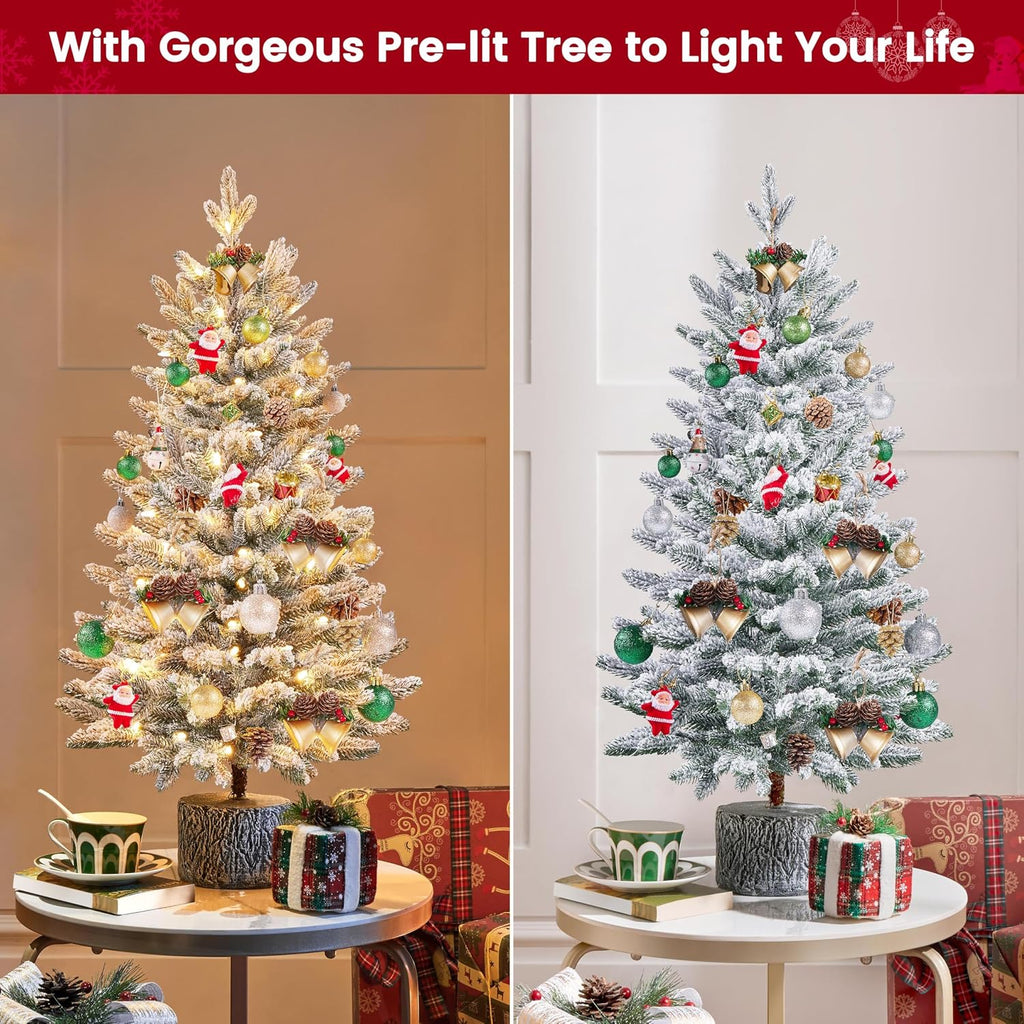 2Pcs Pre-lit Potted Flocked Christmas Tree for Holiday Decoration