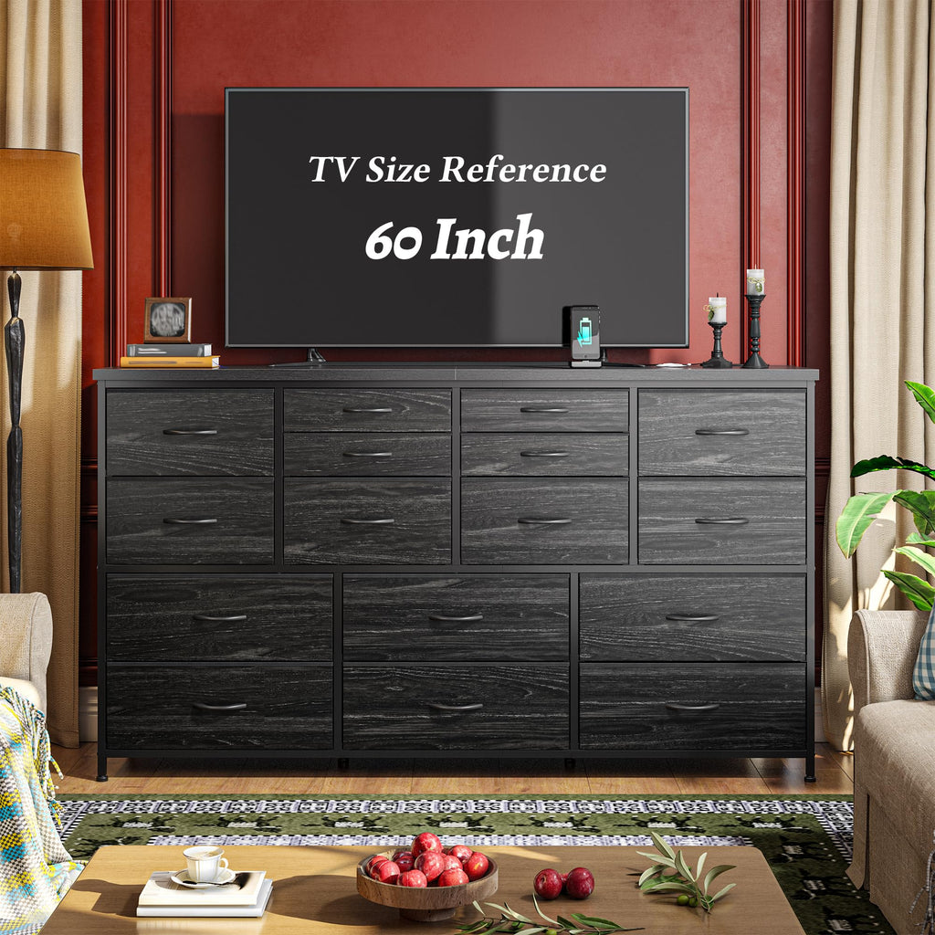 16 Drawer Dresser with Charging Station, Rustic Black