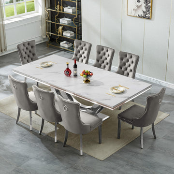 94.5" Large Marble Dining Table Set for 8, Luxury White Silver Kitchen Table with 8 Grey Velvet Tufted Chairs, Modern