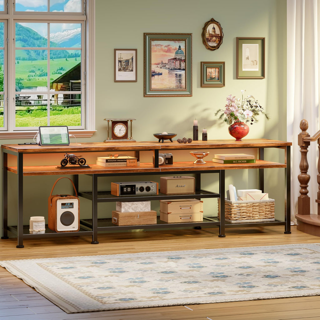 71 Inch TV Stand with Power Outlets & LED Lights, Rustic Brown