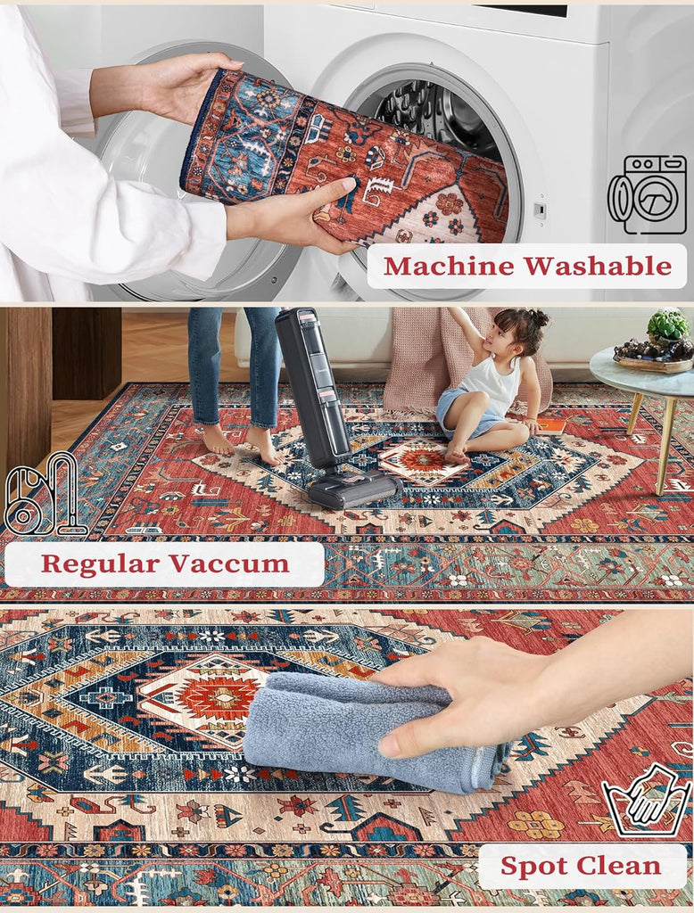 Runner Rug for Hallways, 2'6"x8' Washable Non Slip Boho Kitchen Runner Rug, Vintage Rust Ultra Soft 