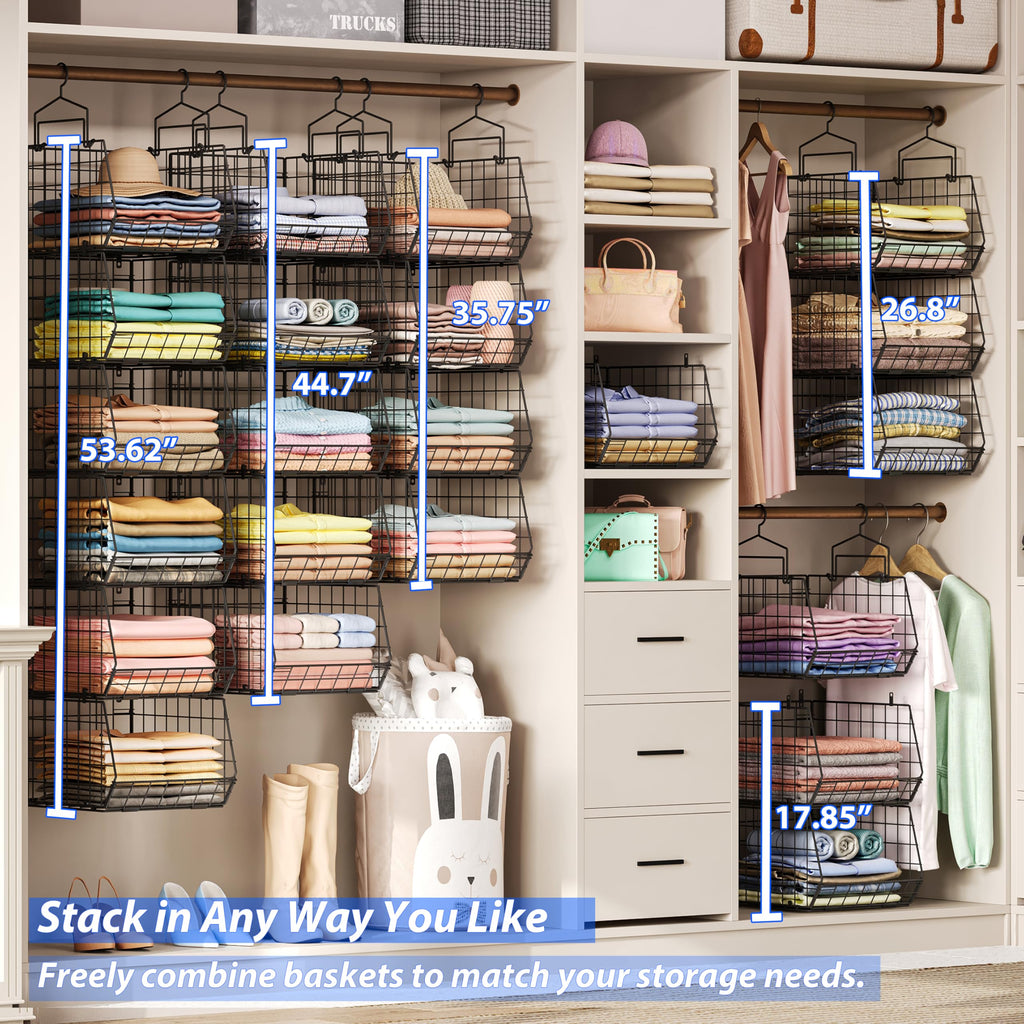 6-Tier Extended Depth Hanging Closet Organizers and Storage for Closet Organization, Stackable Hanging Shelves with
