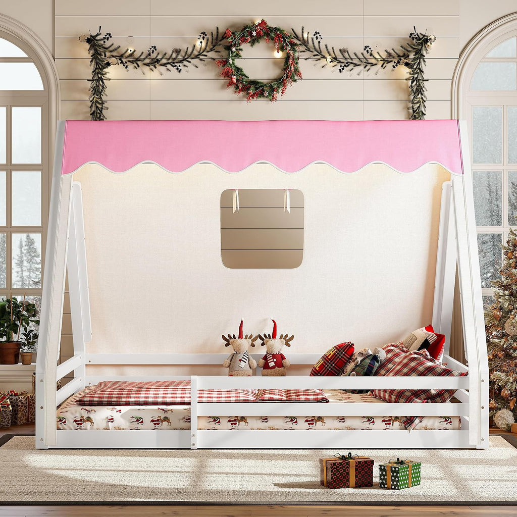 Full Size House Floor Bed with Canopy Tent and LED Lights, Wood Teepee Montessori Floor Beds Frame with Guardrails