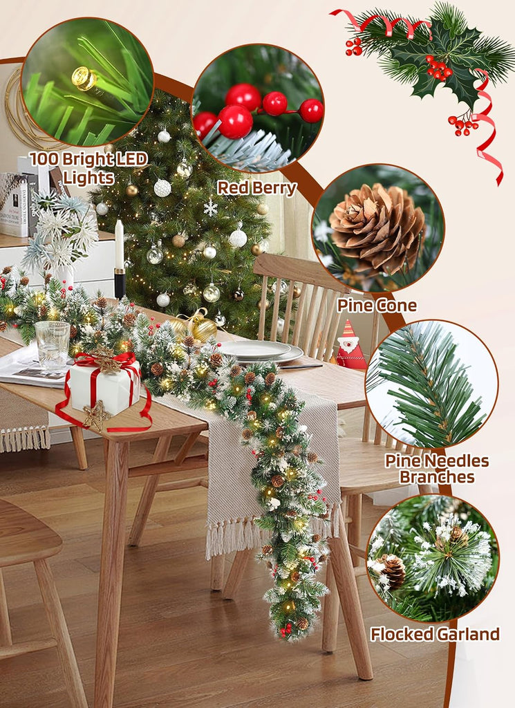Christmas Garland with Lights, 9Ft Prelit Garland, 8 Light Modes & Timer