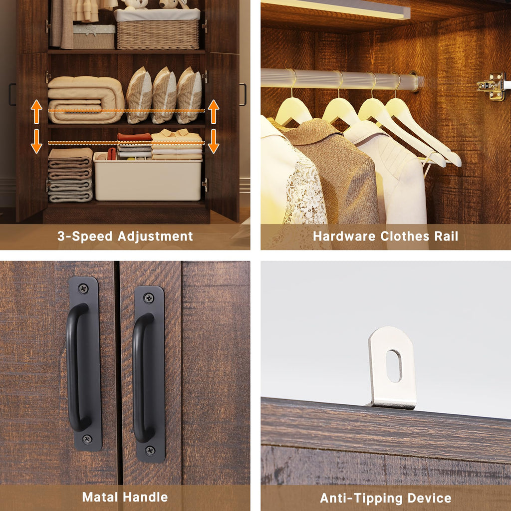 75" Tall Farmhouse 2 Doors Armoire Wardrobe Closet with LED, Freestanding Closet Wardrobe Cabinet with Hanging