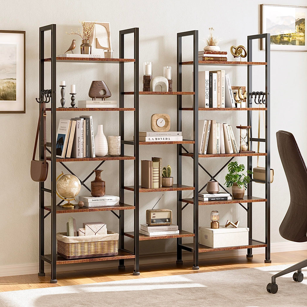 Triple 5 Tier Bookshelf with 14 Display Shelves, Rustic Brown