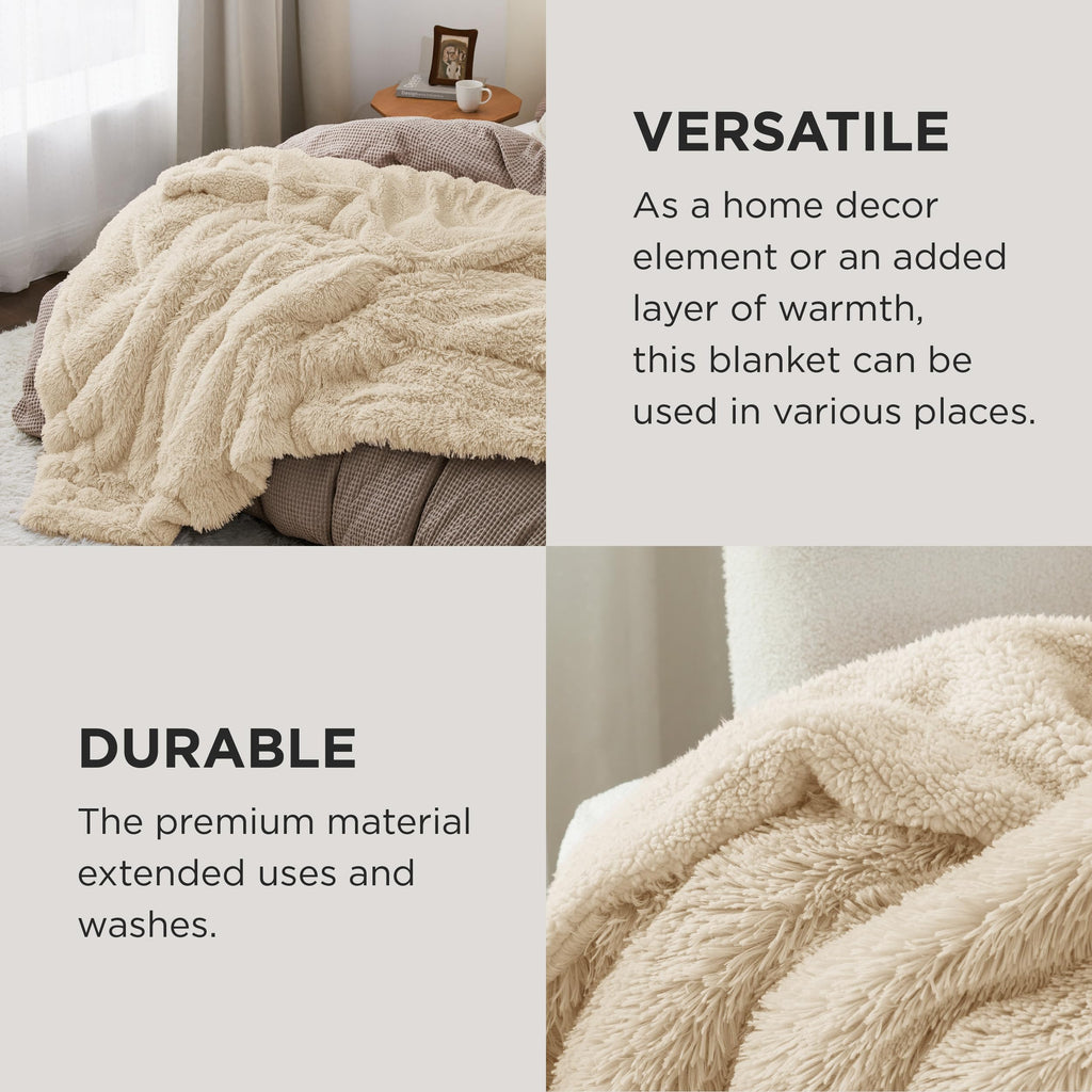 Faux Fur Fluffy Fleece Sherpa Blanket Couch Throw Beige 50"x60"