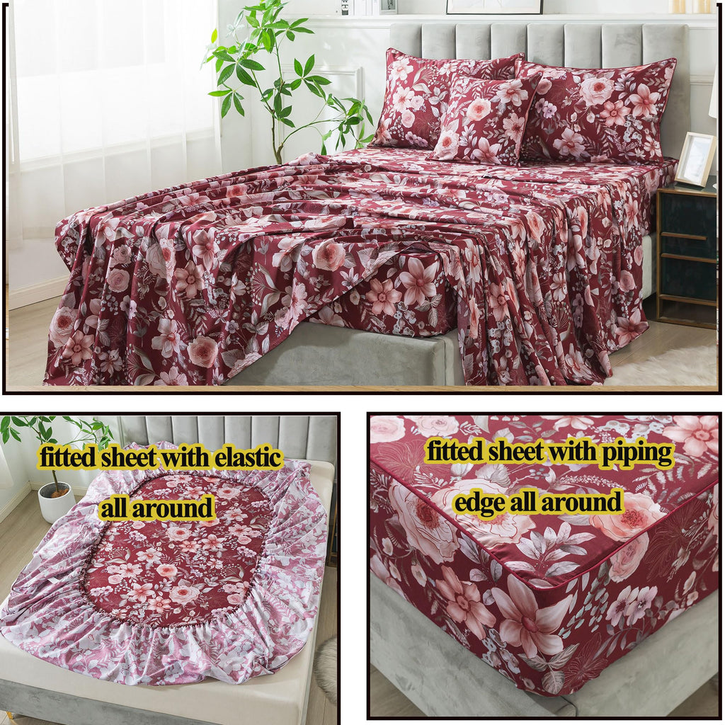 Floral Sheets Set Queen Vintage Red Floral Bedding Shabby Pink Rose Elegant Peony Sheets Farmhouse Bedding 800 Thread