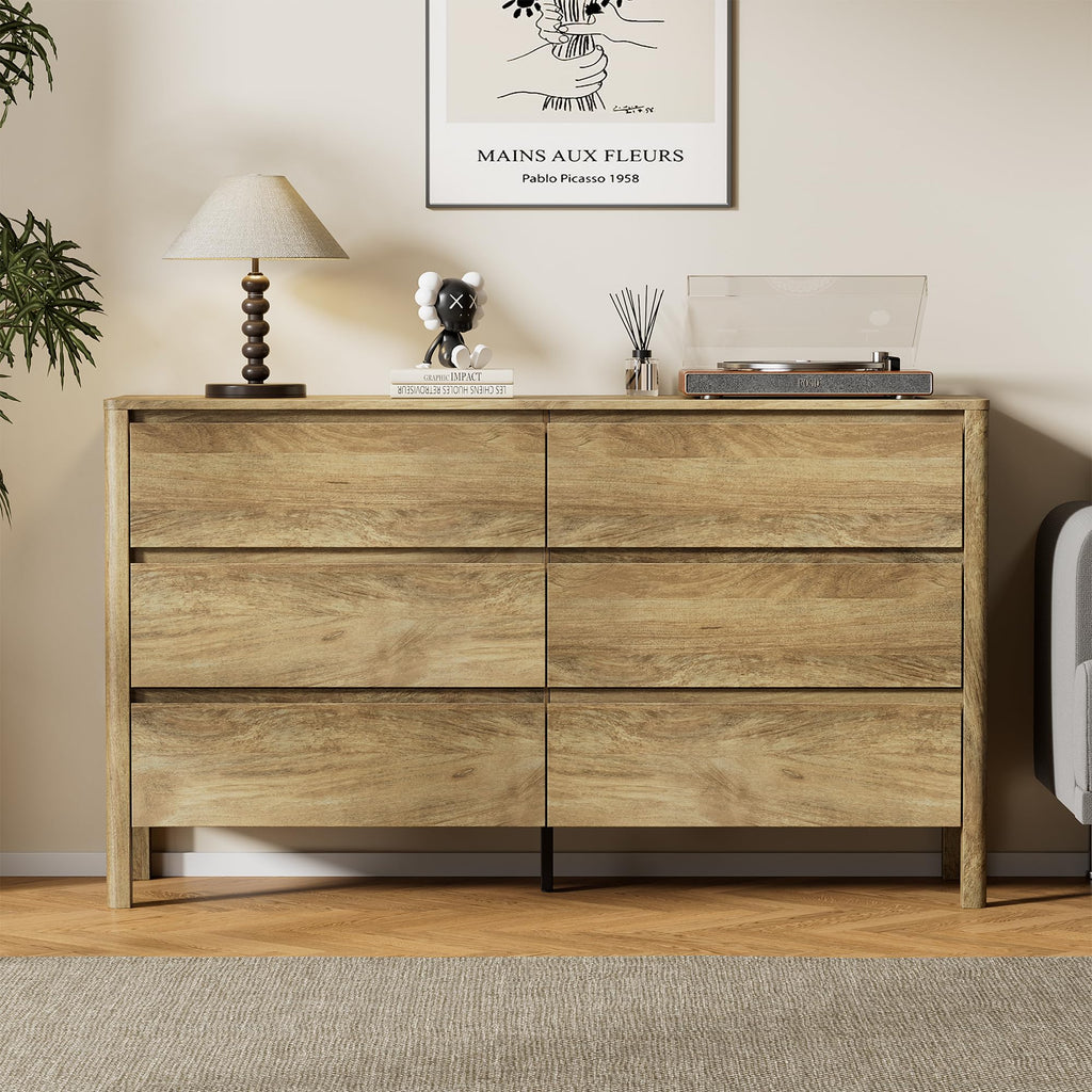55.1" Wide 6 Drawer Wood Dresser with Legs, Natural Oak