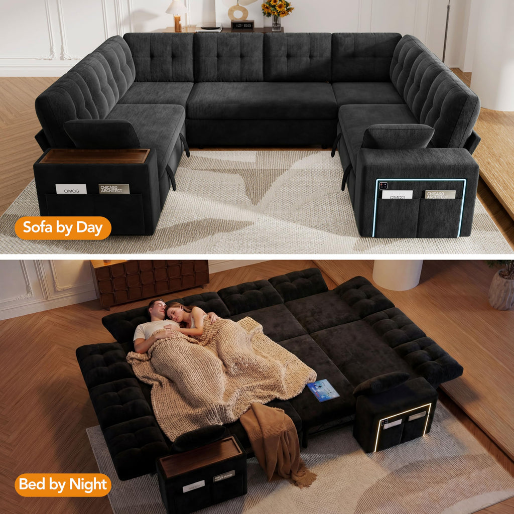 8 Seat Modular Sectional Sleeper Sofa with Pull Out Bed, U-Shaped Couch with Reclining Backrest, Lift Top Storage