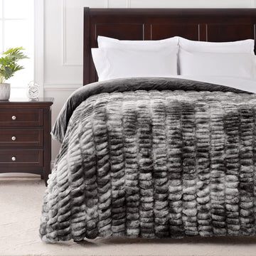 Premium Ruched Faux Fur Throw Blanket - Luxurious, Soft Reversible Mink Blanket - 108" x 86" (King Size) - Dark Gray