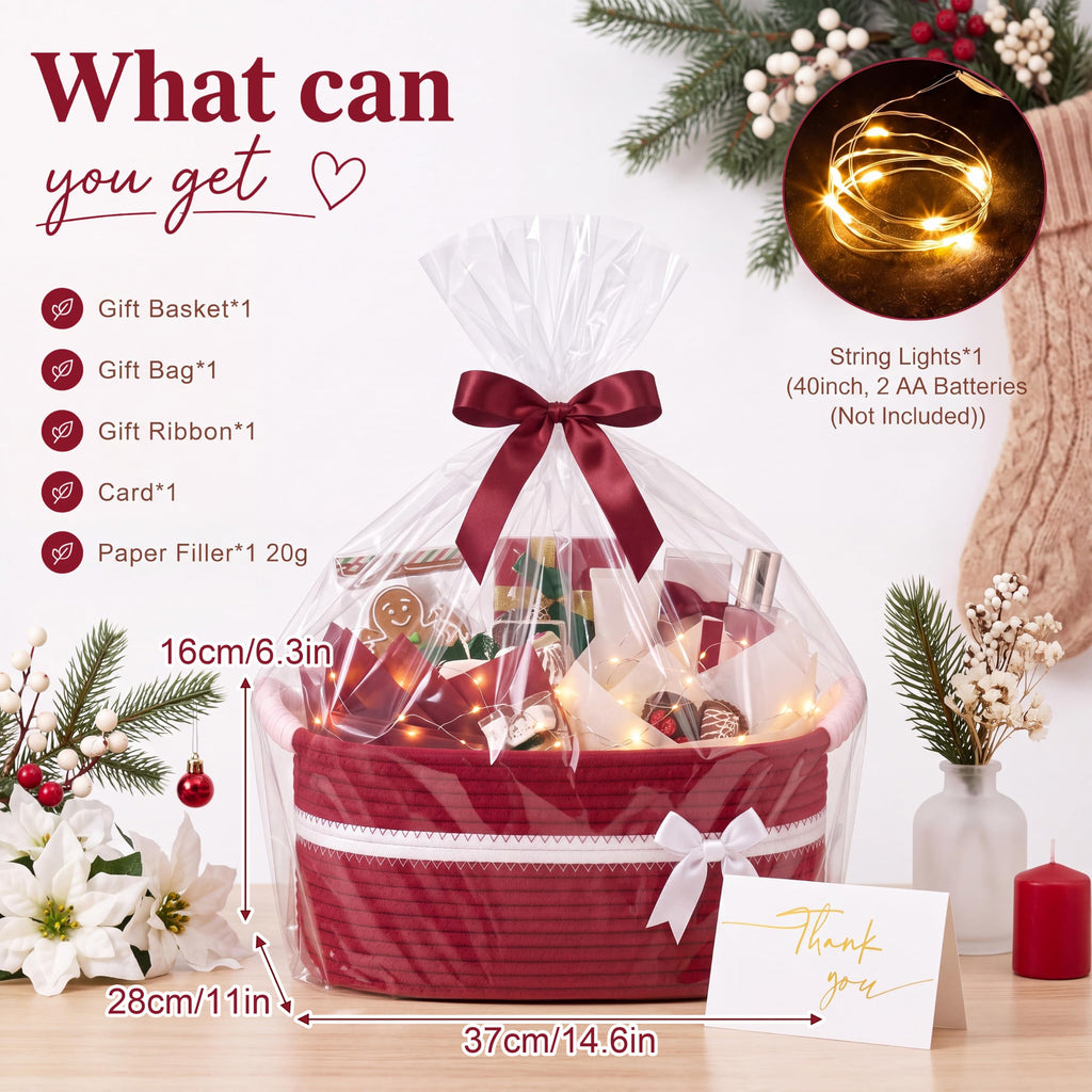 Christmas Empty Gift Basket with Handles, Red, White