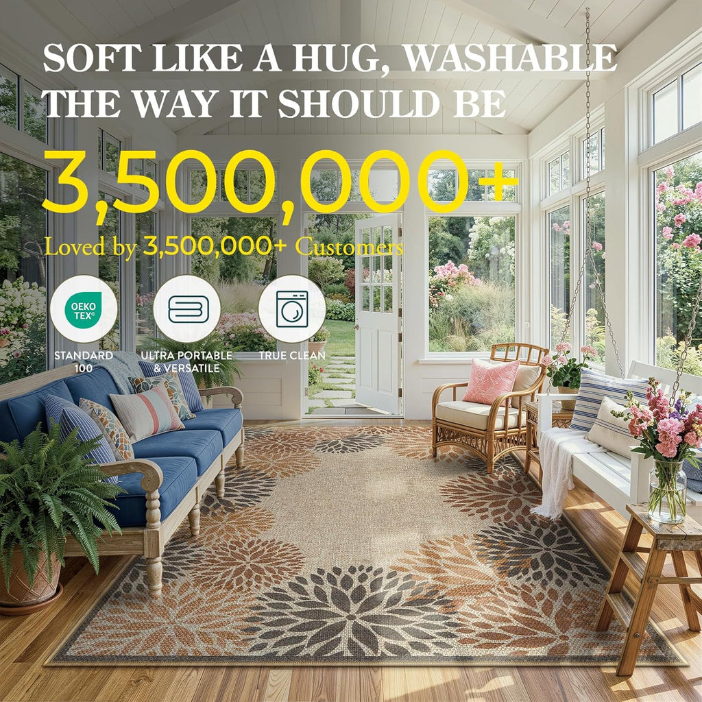 Modern Easy Jute Outdoor Rug, Washable Area Rugs Patio Floral Indoor Outdoor Rug, Boho Farmhouse Non Slip Carpet