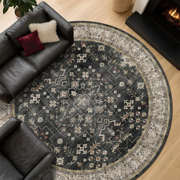 Black Boho Washable Round Rug 8ft - Large Area Rug for Living Room, Bedroom, Dining Room Low Pile No