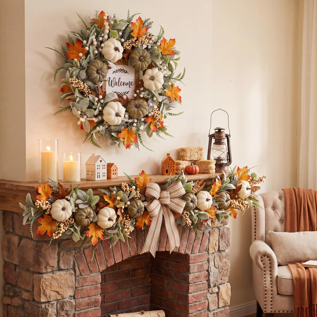 Fall Wreath 23'' for Front Door with Sign for Thanksgiving Autumn
