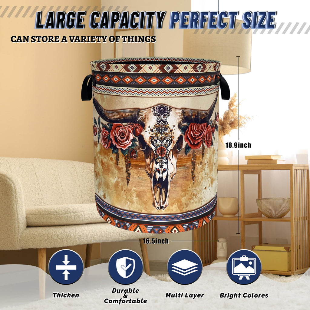Longhorn Cattle Laundry Basket Oxford Cloth Foldable Hamper 18.9x16.5 Inch