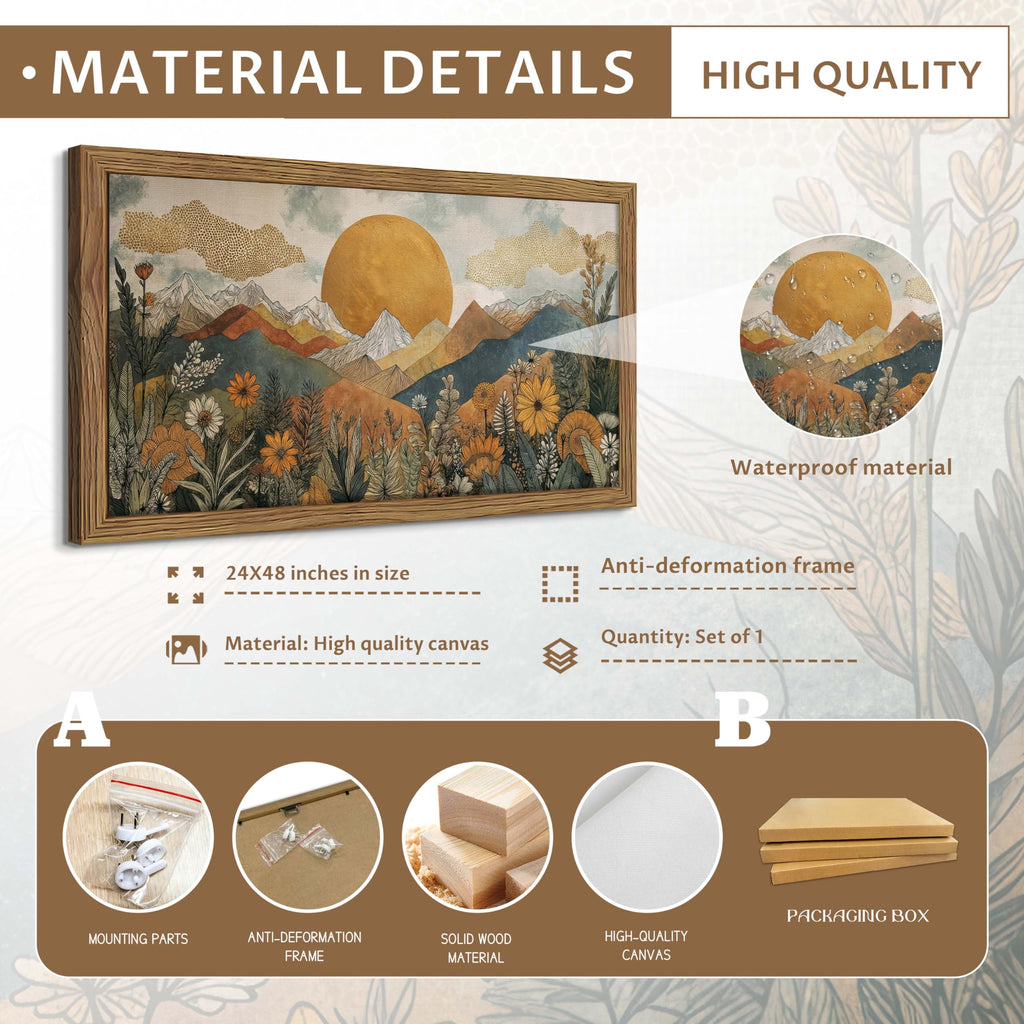 Framed Boho Landscape Large Wall Art, Abstract Sun Mountain Canvas Wall Decor Painting, Modern Floral Botanical