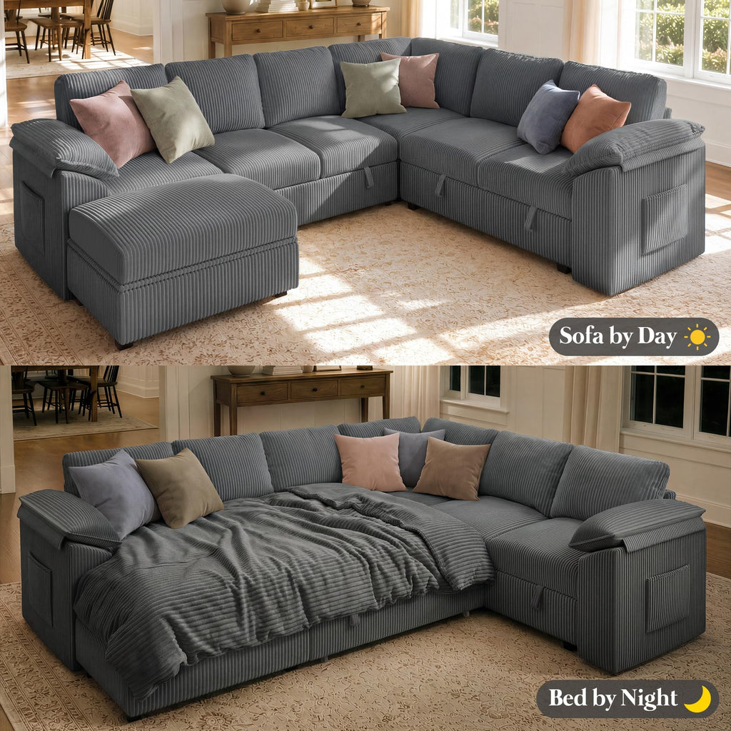 108" Modular Sectional Sleeper Sofa with Pull Out Bed, Dark Grey